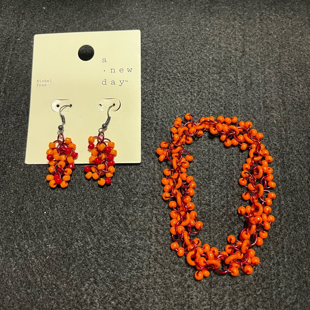 A New Day Vibrant Orange Beaded Earrings and Bracelet Set